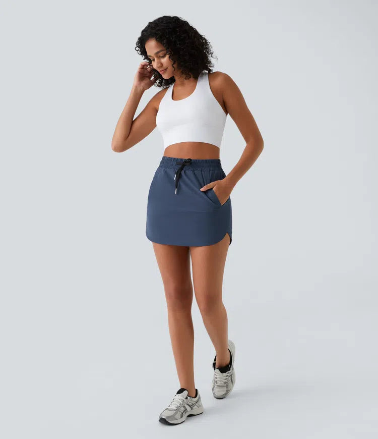 High Waisted Drawstring Pocket 2-in-1 Curved Hem Mini Golf Skirt