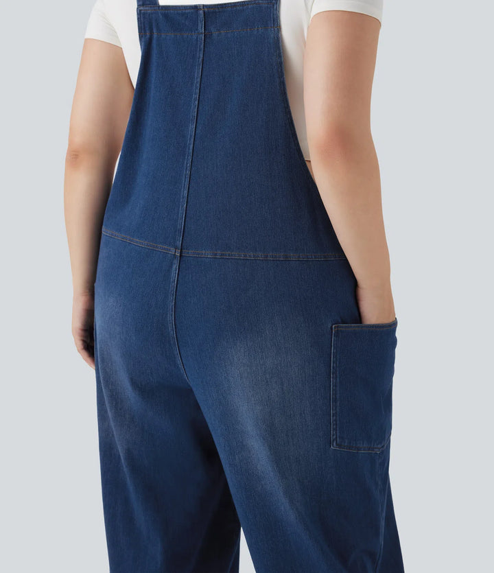 Halara Flex V Neck Washed Denim Casual Plus Size Dungarees with Pockets