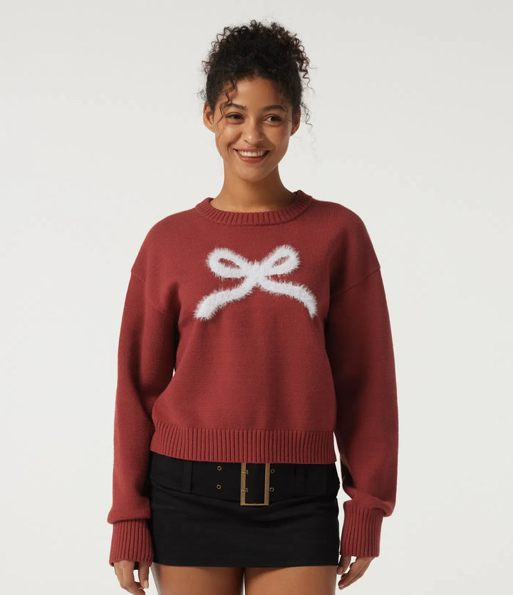 Round Neck Drop Shoulder Long Sleeve Bow Casual Jumper