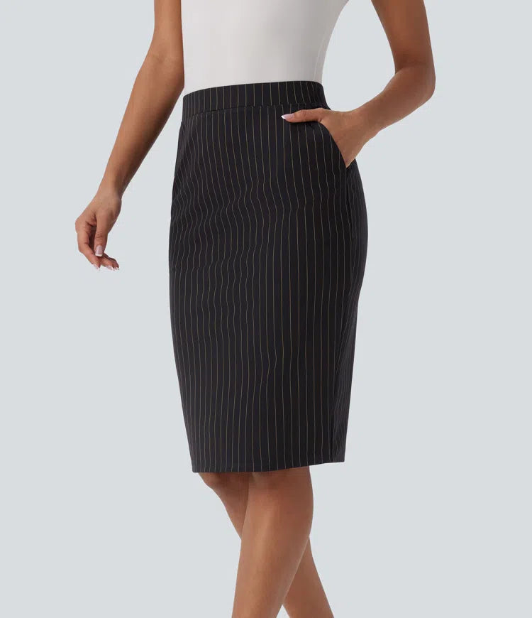 High Waisted Side Pocket Split Hem  Stripe Bodycon Work Skirt