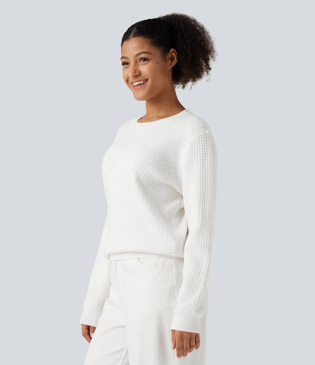 Round Neck Long Sleeve Waffle Casual Jumper