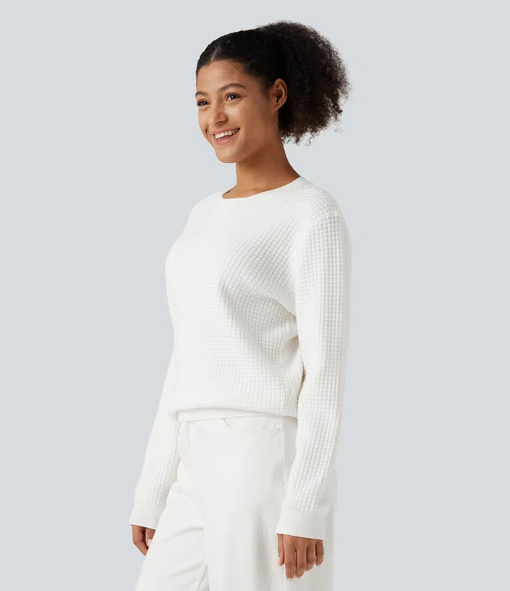 Round Neck Long Sleeve Waffle Casual Jumper