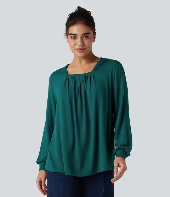 Hooded Square Neck Long Sleeve Casual Sweatshirt
