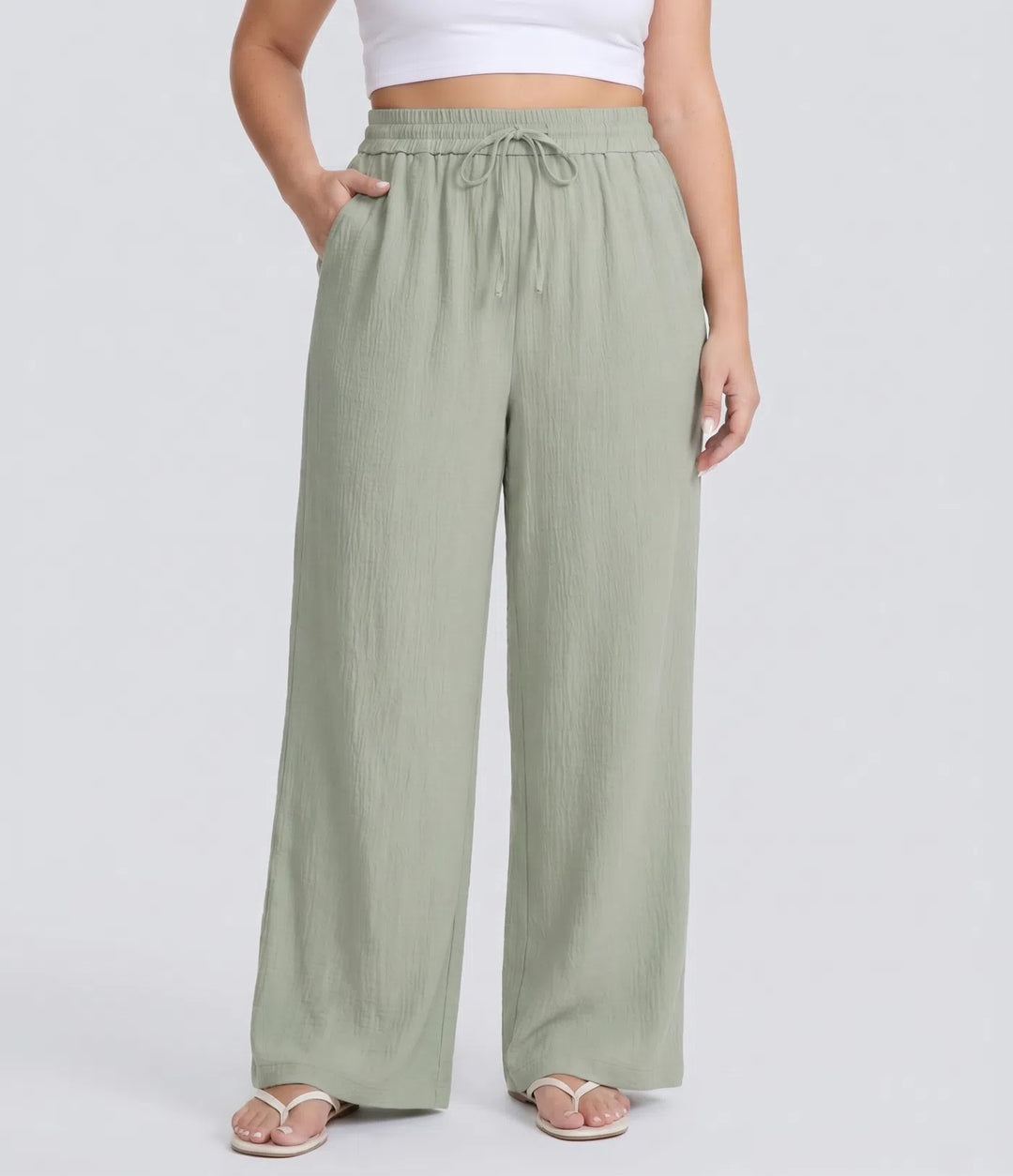 High Waisted Drawstring Linen-Feel Wide Leg Casual Plus Size Trousers with Pockets