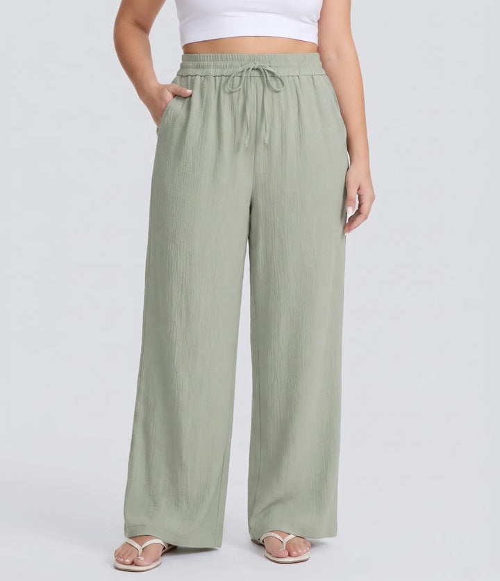 High Waisted Drawstring Linen-Feel Wide Leg Casual Plus Size Trousers with Pockets