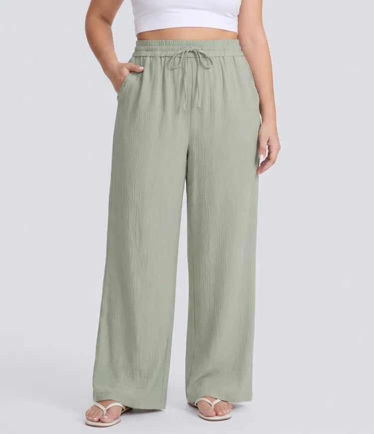 High Waisted Drawstring Linen-Feel Wide Leg Casual Plus Size Trousers with Pockets