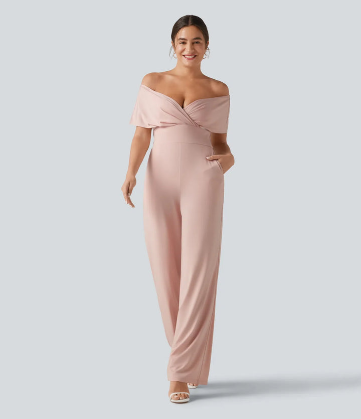 Off Shoulder Built-in Bra Short Sleeve Casual Jumpsuit with Pockets