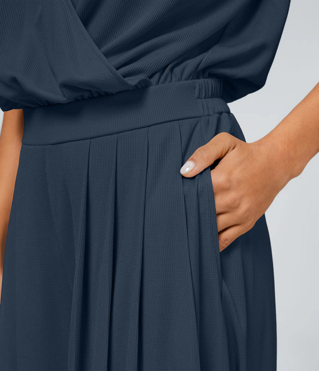 V Neck Short Sleeve Side Pocket Wide Leg Flowy Waffle Casual Jumpsuit