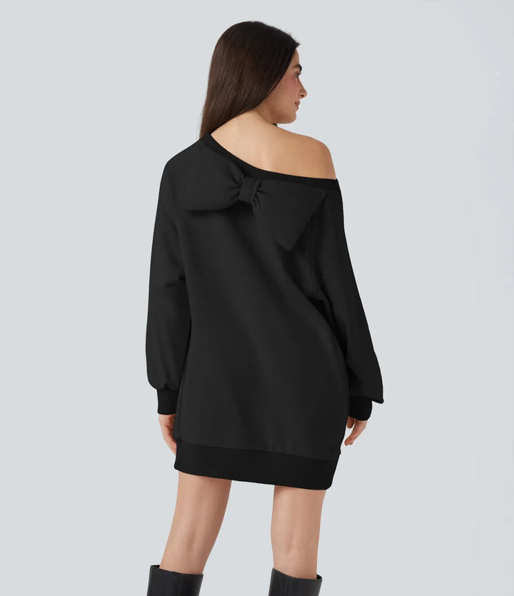 Bow Boat Neck Long Sleeve Casual Cotton Sweatshirt with Pockets