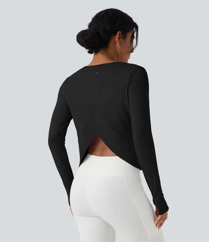 Long Sleeve Thumb Hole Crossover Curved Hem Yoga Sports Top