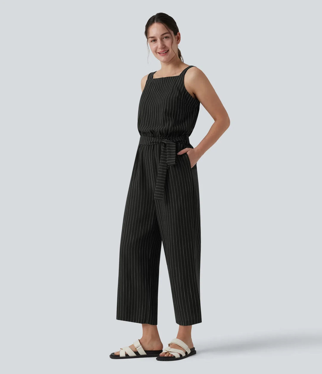 Square Neck Adjustable Straps Sleeveless Belted Stripes Casual Linen-Feel Jumpsuit with Pockets-Easy Peezy