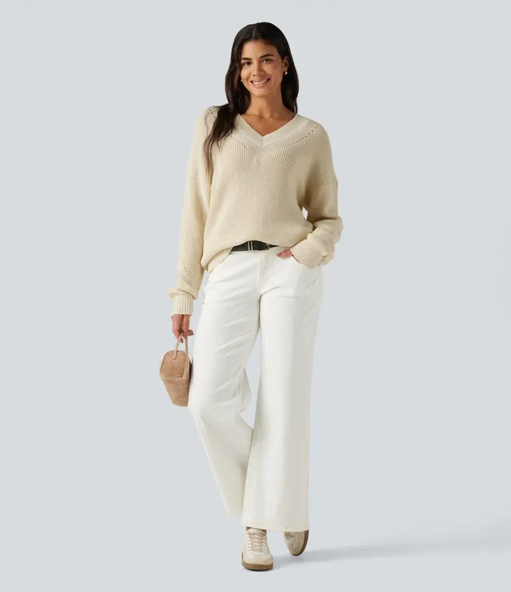 V Neck Dropped Shoulder Long Sleeve Cut Out Casual Jumper