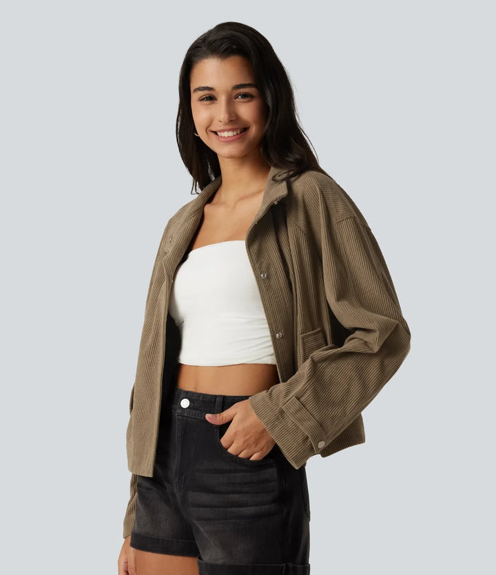 Long Sleeve Corduroy Casual Shirt Jacket with Pockets