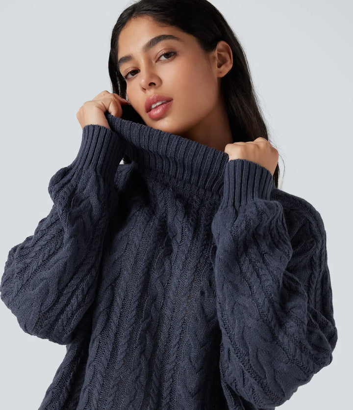 High Neck Long Sleeve Cable Knit Casual Jumper