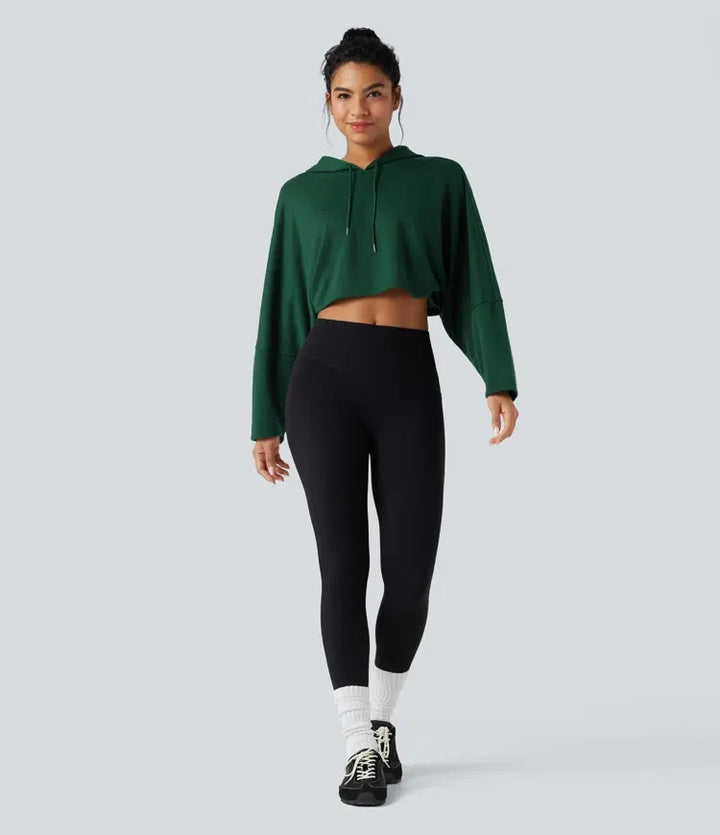 Hooded Dropped Shoulder Cropped Relaxed Casual Sweatshirt