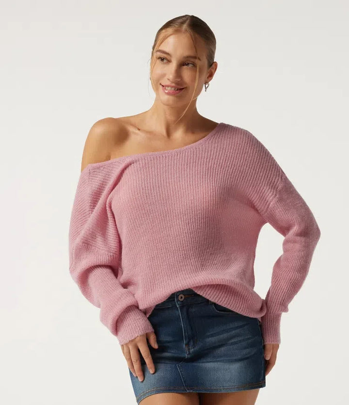 One Shoulder Crisscross Back Dropped Long Sleeve Relaxed Casual Jumper