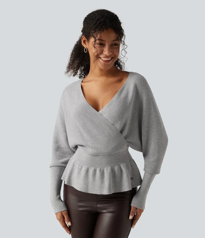 V Neck Batwing Long Sleeve Cut Out Casual Jumper