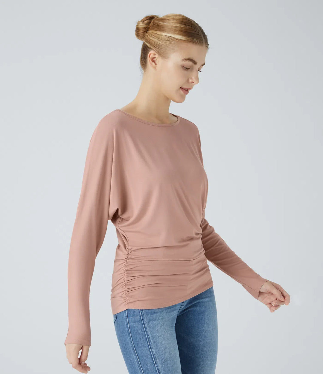 Boat Neck Long Sleeve Ruched Casual Top