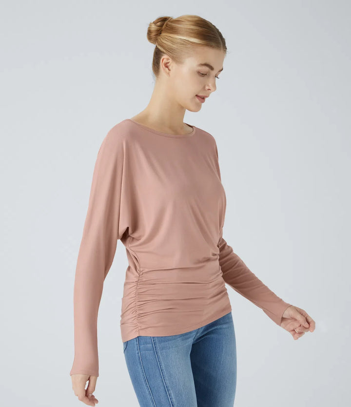 Boat Neck Long Sleeve Ruched Casual Top