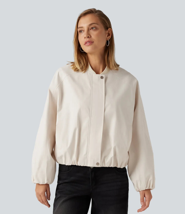 Round Neck Long Sleeve Casual Bomber Jacket with Pockets