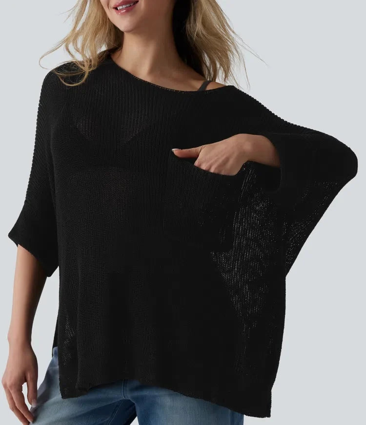 One-shoulder Half Sleeve Split Hem Oversize Casual Jumper with Pocket