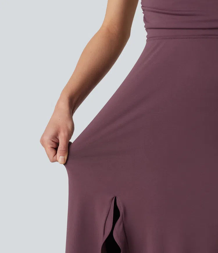 Crisscross Backless Split Ruffle Hem Built-in Bra Midi Party Flowy Dress