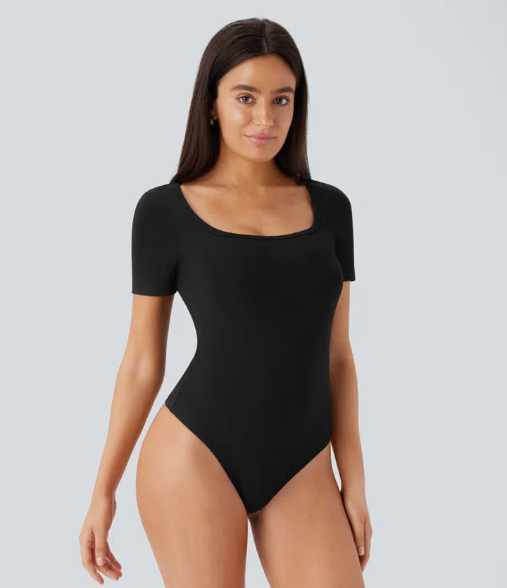 U Neck Short Sleeve Snap Button Skinny Work Bodysuit