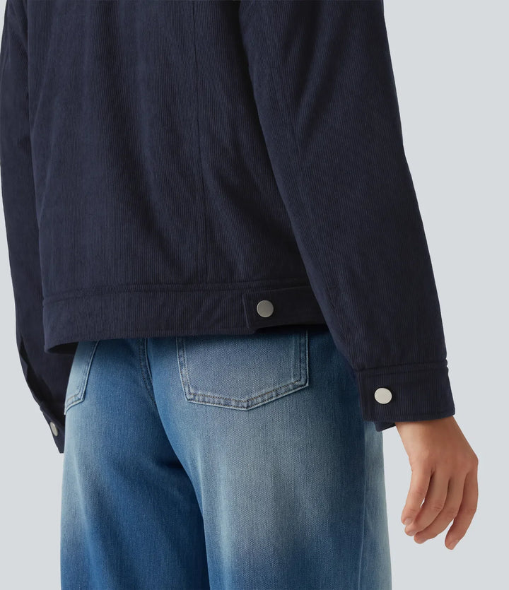 Stand Collar Long Sleeve Corduroy Casual Jacket with Pockets