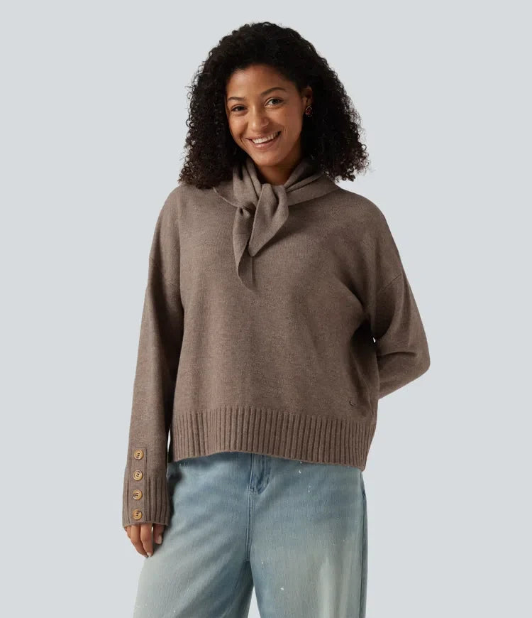 Round Neck Long Sleeve Casual Jumper with Scarf