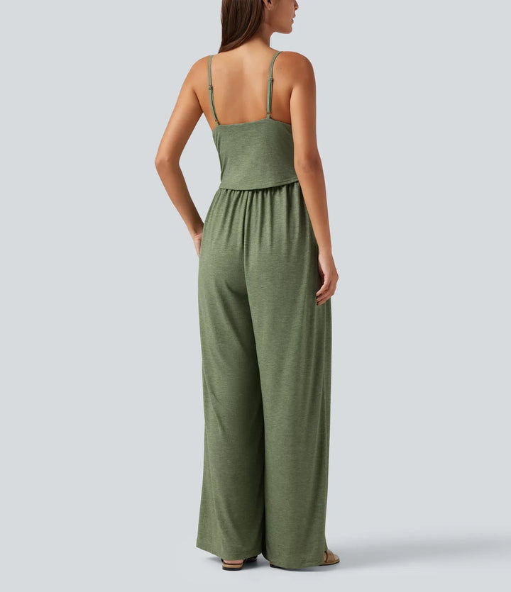 Built-In-Bra Ruched Wide Leg Heathered Casual Maternity Slip Jumpsuit with Pockets-Easy Peezy Edition