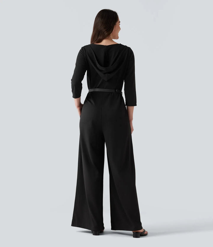 Hooded 3/4 Sleeve Baggy Relaxed Casual Jumpsuit with Pockets