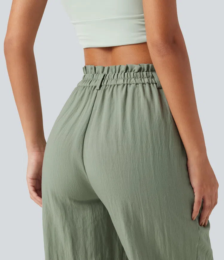 High Waisted Wide Leg Casual Linen-Blend Trousers with Pockets