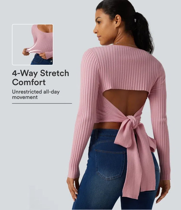 Round Neck Long Sleeve Cut Out Tie Back Casual Jumper