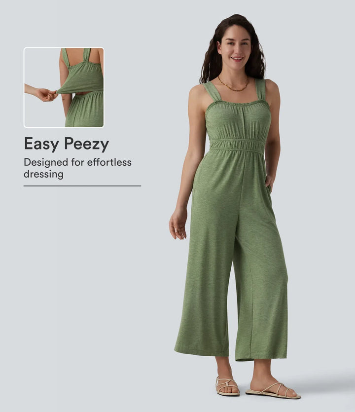Sleeveless Frill Trim 7/8 Resort Jumpsuit with Pockets-Easy Peezy
