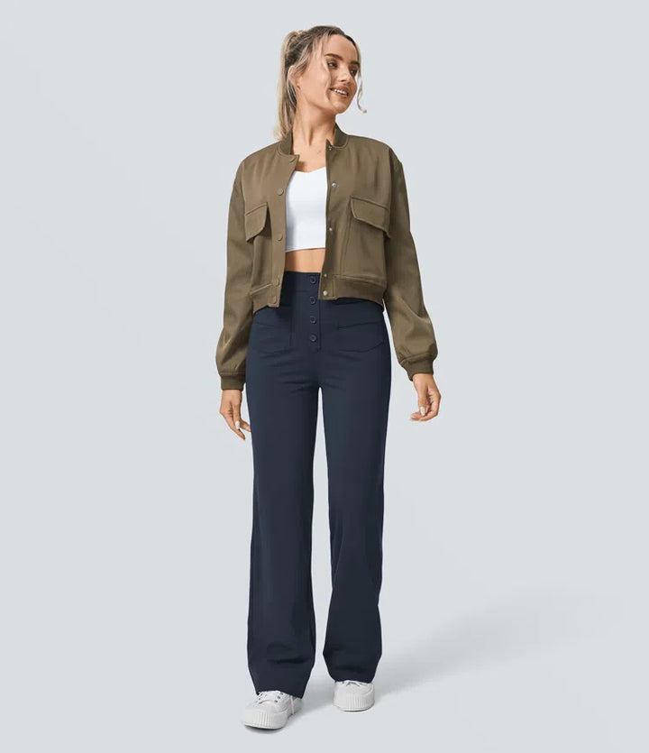 DayStretch High Waisted Pockets Straight Leg Casual Trousers