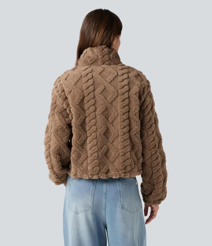 High-neck Zip Fly Casual Sherpa Jacket with Pockets