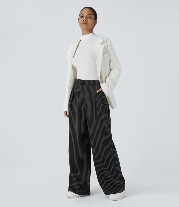 High Waisted Zipper Pocket Wide Leg Striped Work Trousers