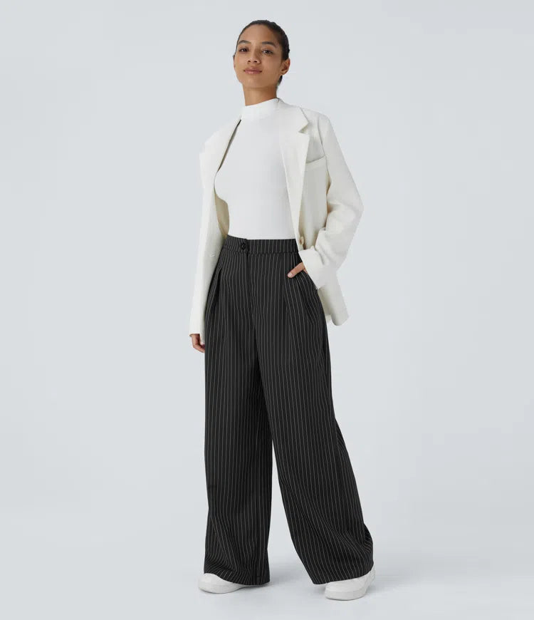 High Waisted Zipper Pocket Wide Leg Striped Work Trousers