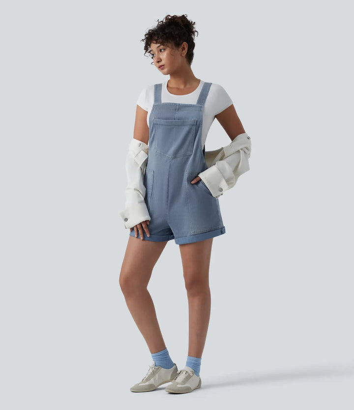 Halara Flex Square Neck Rolled Hem Denim Casual Short Overalls with Pockets