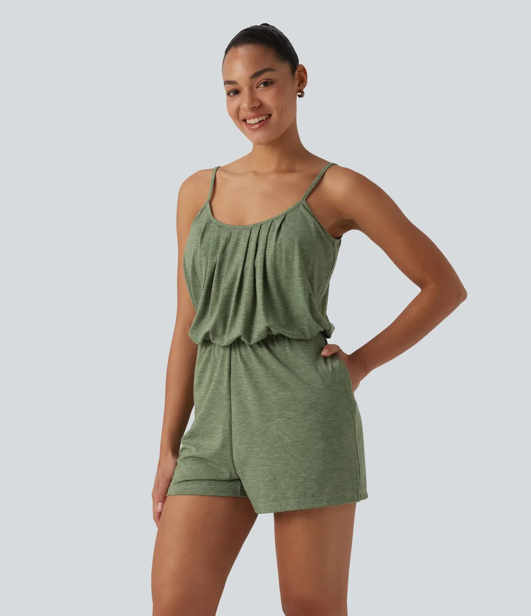 U-Neck Adjustable Straps Pleated Built-in Bra Casual Romper with Pockets-Easy Peezy