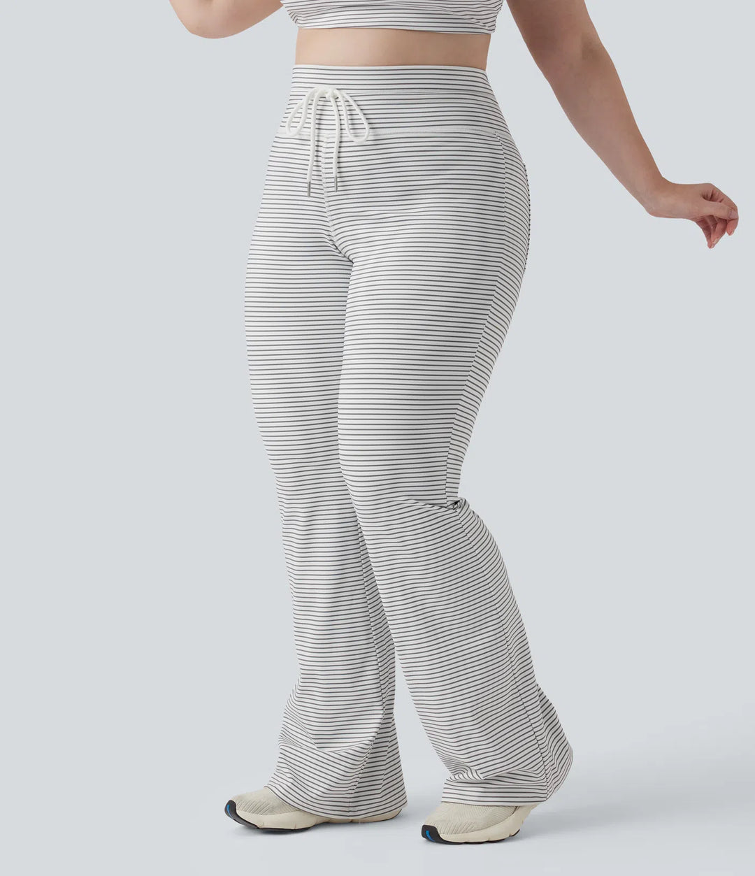 High Waisted Drawstring Stripe Flare Yoga Plus Size Trousers with Pockets