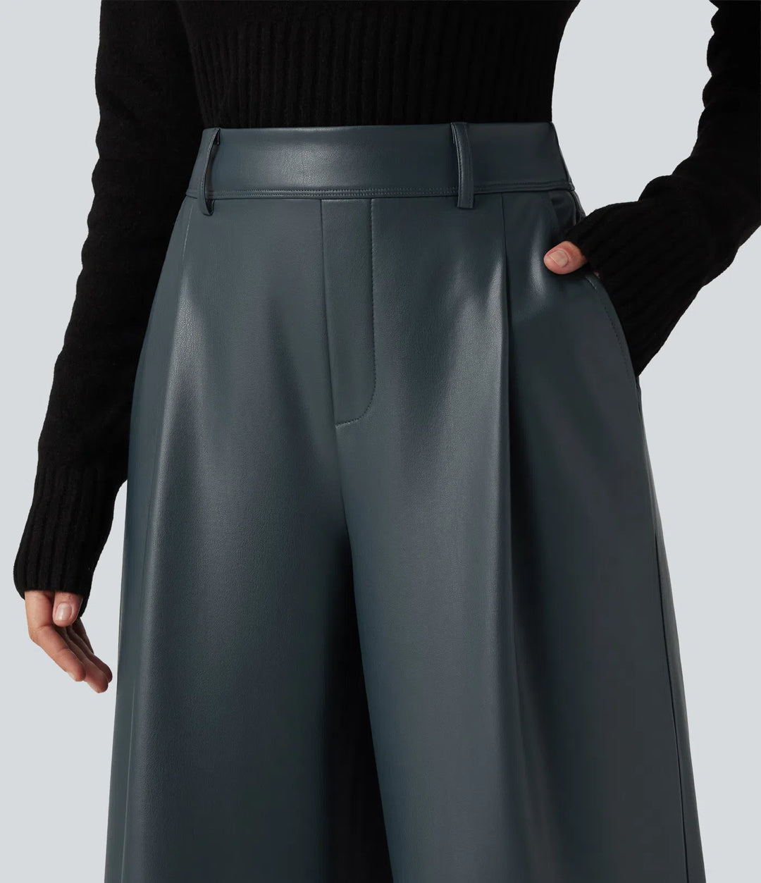 High Waisted Wide Leg Stretchy PU Fleece Casual Trousers with Pockets