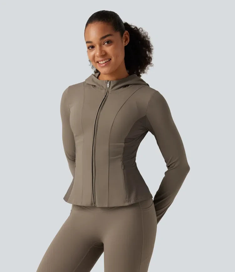 Halara UltraSculpt Hooded Long Sleeve Ruffle Hem Yoga Track Jacket with Pockets and  Thumb Holes
