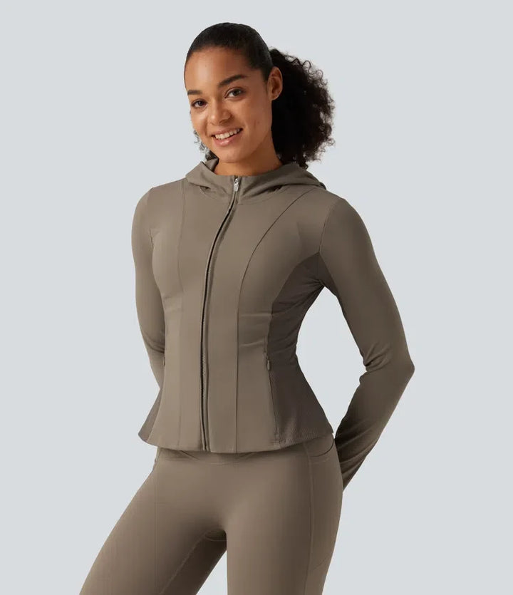 Halara UltraSculpt Hooded Long Sleeve Ruffle Hem Yoga Track Jacket with Pockets and  Thumb Holes
