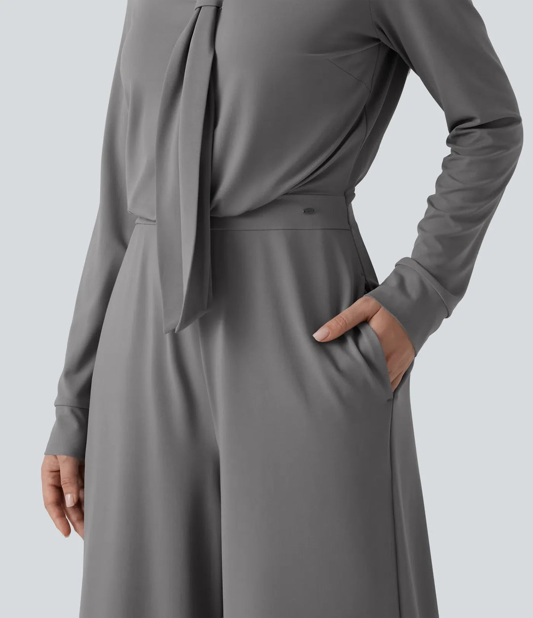 V Neck Long Sleeve Wide Leg Work Jumpsuit with Pockets-Easy Peezy Edition