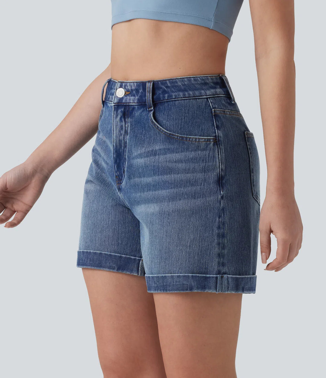 Halara Flex Mid Rise Rolled Hem Denim Casual Shorts 5&