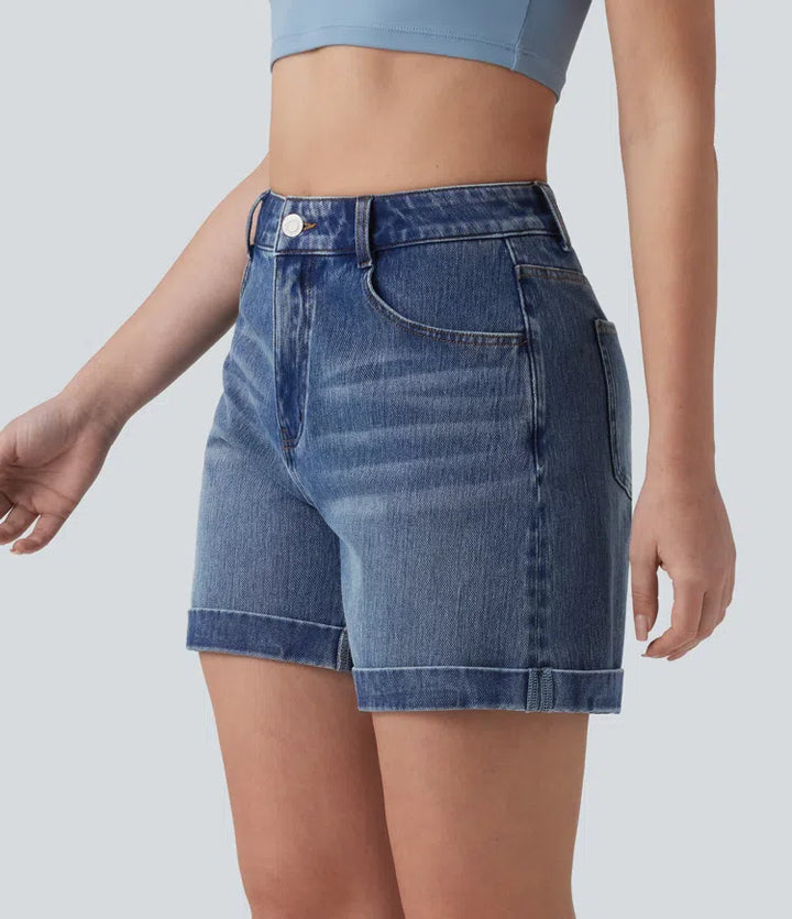 Halara Flex Mid Rise Rolled Hem Denim Casual Shorts 5&