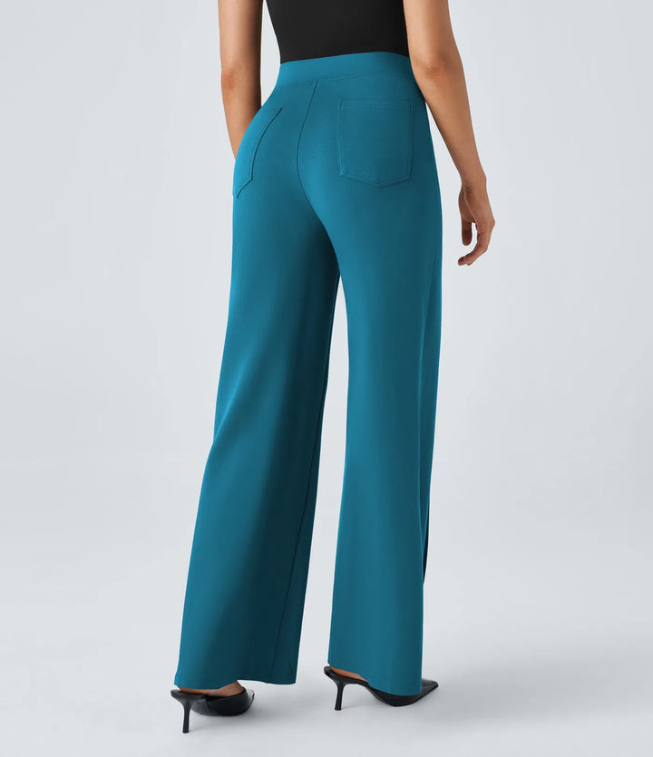 High Waisted Button Pocket Wide Leg Work Trousers