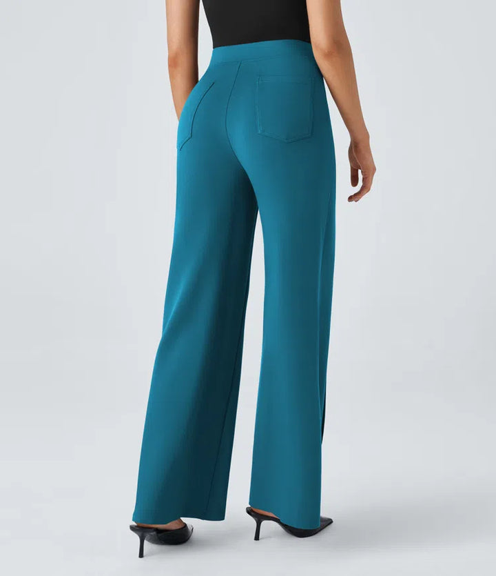 High Waisted Button Pocket Wide Leg Work Trousers