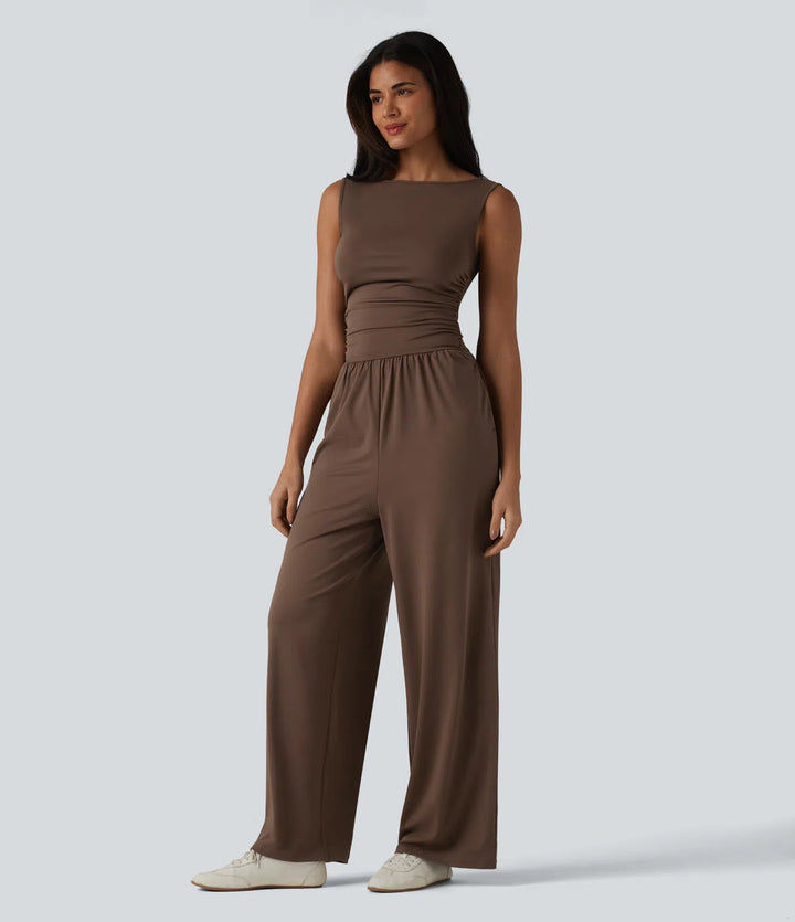 Boat Neck Sleeveless Ruched Wide Leg Casual Dungarees with Pockets-Easy Peezy Edition